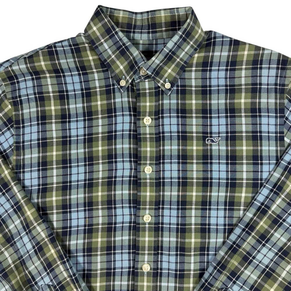 Vineyard Vines Boys Large /16-18 Blue and Green Plaid Button-Down Whale Shirt